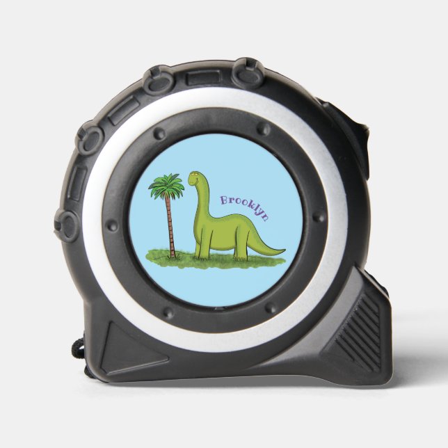 Cute happy green brontosaurus dinosaur cartoon tape measure (Front)