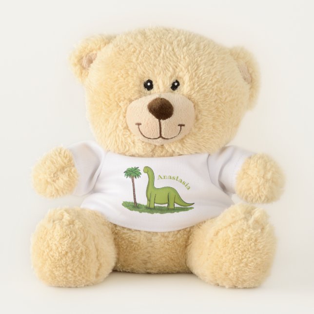 Cute happy green brontosaurus dinosaur cartoon teddy bear (Front)
