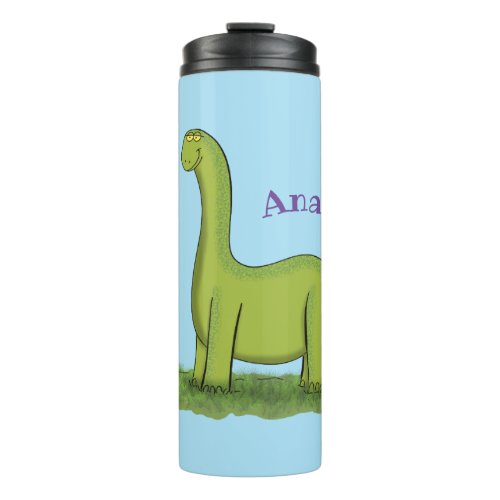 Cute happy green brontosaurus dinosaur cartoon thermal tumbler