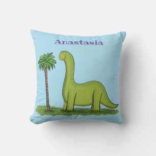 Cute happy green brontosaurus dinosaur cartoon throw pillow