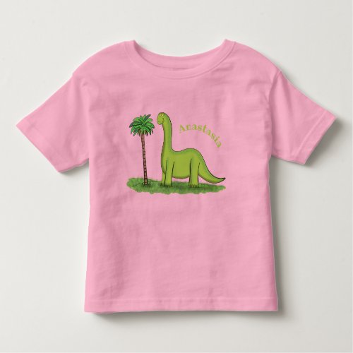Cute happy green brontosaurus dinosaur cartoon toddler t_shirt