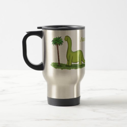 Cute happy green brontosaurus dinosaur cartoon travel mug