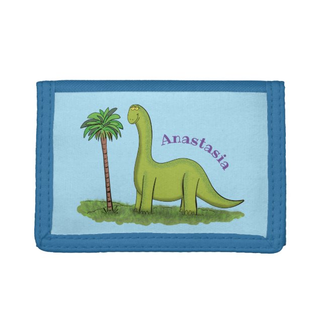 Cute happy green brontosaurus dinosaur cartoon trifold wallet (Front)