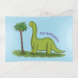 Cute happy green brontosaurus dinosaur cartoon trinket tray