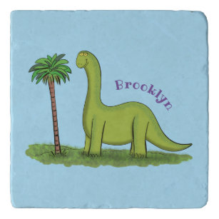 Cute happy green brontosaurus dinosaur cartoon trivet