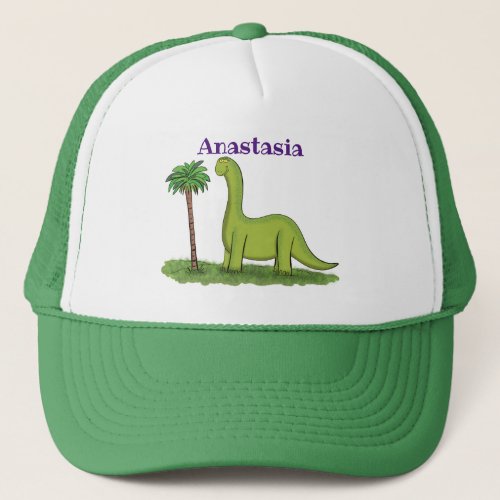 Cute happy green brontosaurus dinosaur cartoon trucker hat