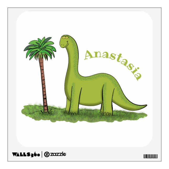 Cute happy green brontosaurus dinosaur cartoon wall decal (Front)