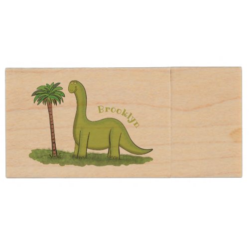 Cute happy green brontosaurus dinosaur cartoon wood flash drive