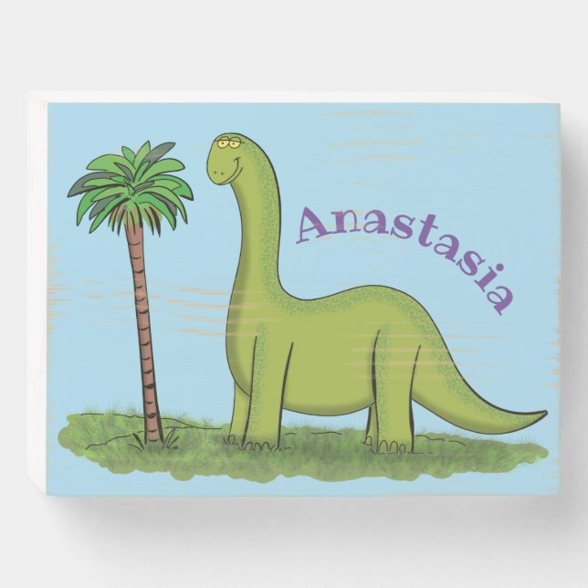Cute happy green brontosaurus dinosaur cartoon wooden box sign (Front Horizontal)