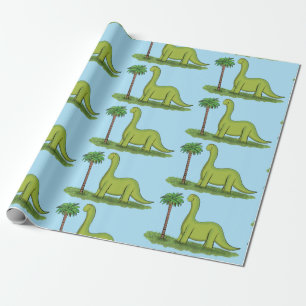 Cute happy green brontosaurus dinosaur cartoon wrapping paper