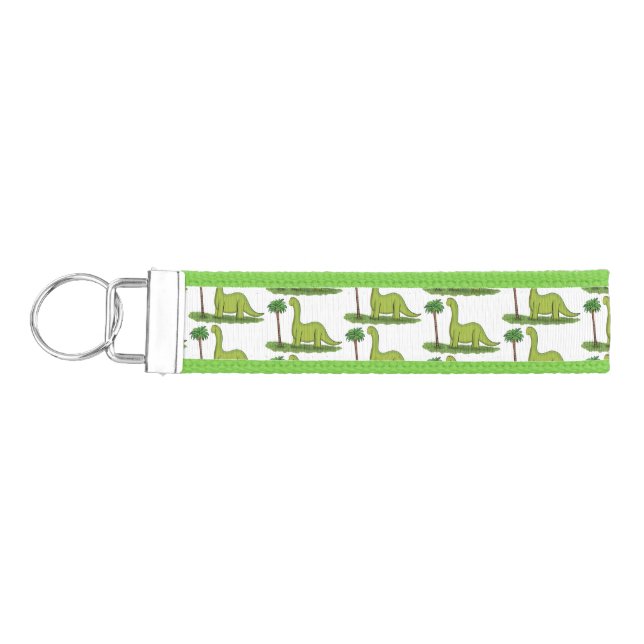 Cute happy green brontosaurus dinosaur cartoon wrist keychain (Keys on Left)