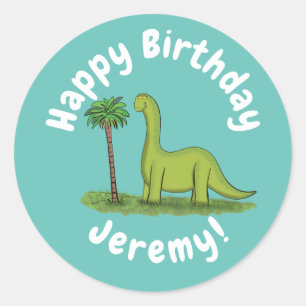Cute happy green brontosaurus dinosaur classic round sticker