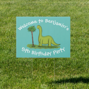 Cute happy green brontosaurus dinosaur sign