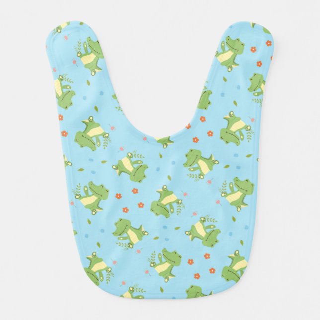 Cute happy green crocodile pattern floral baby bib (Front)