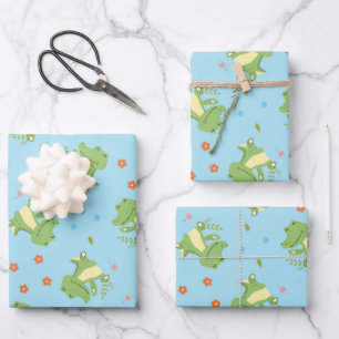 Cute happy green crocodile pattern floral wrapping paper sheets