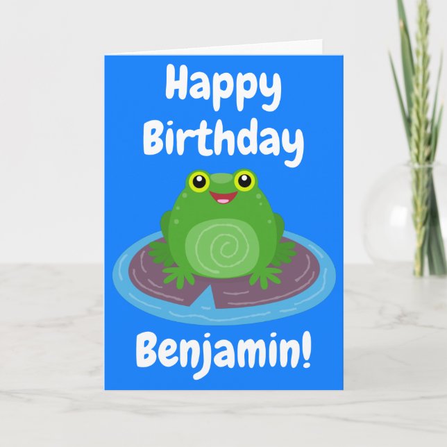 Cute happy green frog cartoon birthday card (Front)