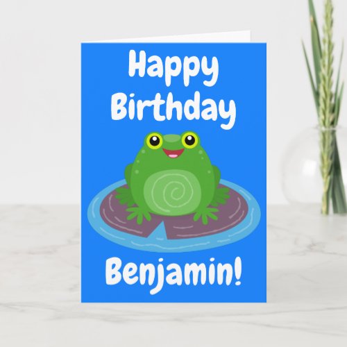 Cute happy green frog cartoon birthday card