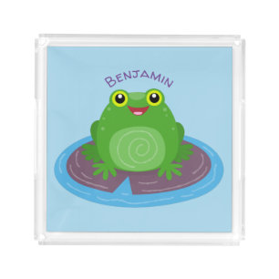 Cute happy green frog cartoon illustration acrylic tray