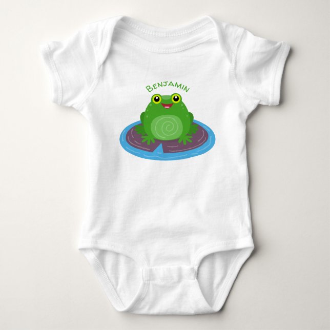 Cute happy green frog cartoon illustration baby bodysuit (Front)