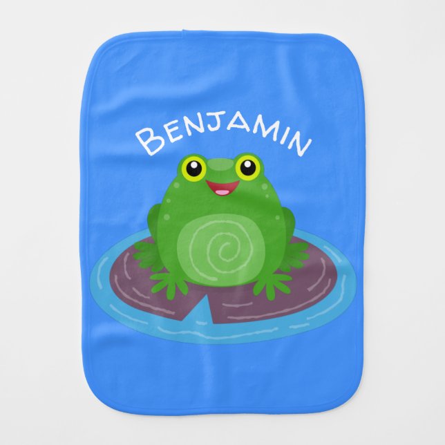 Cute happy green frog cartoon illustration baby burp cloth (Front)