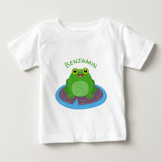 Cute happy green frog cartoon illustration baby T-Shirt (Front)
