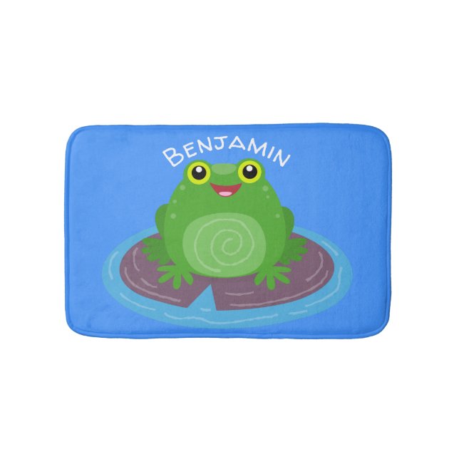 Cute happy green frog cartoon illustration bath mat (Front)