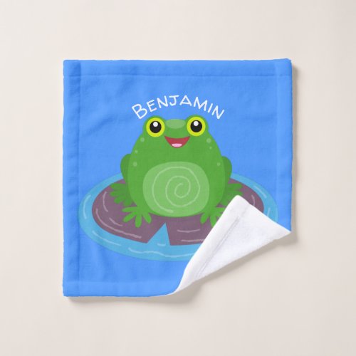 Cute happy green frog cartoon illustration bath towel set