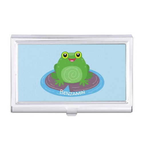 Cute happy green frog cartoon illustration business card case