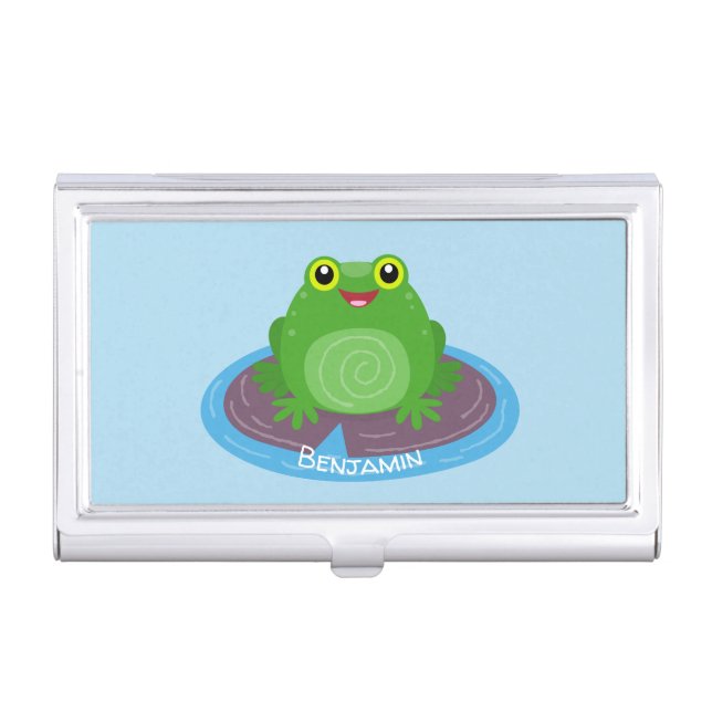 Cute happy green frog cartoon illustration business card case (Front)