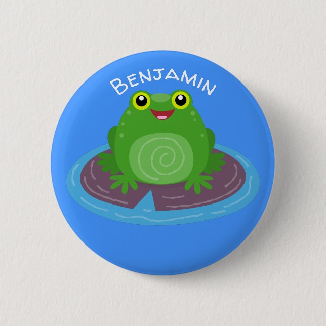 Cute happy green frog cartoon illustration button (Front)