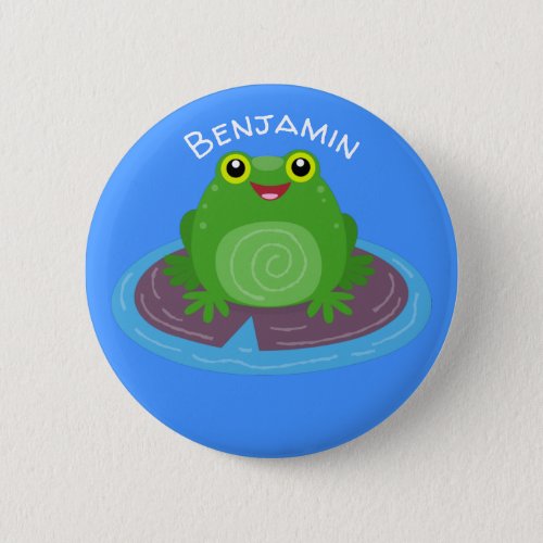 Cute happy green frog cartoon illustration button