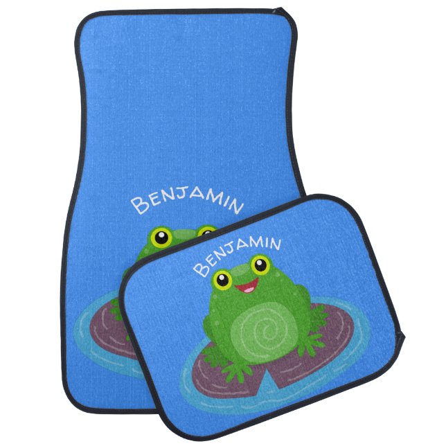 Cute happy green frog cartoon illustration  car floor mat (Set)