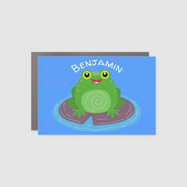 Cute happy green frog cartoon illustration car magnet (Front)