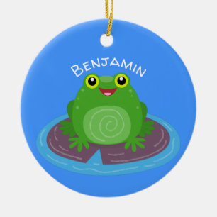 Cute happy green frog cartoon illustration ceramic ornament