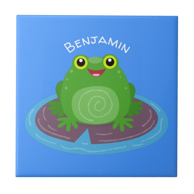 Cute happy green frog cartoon illustration ceramic tile (Front)