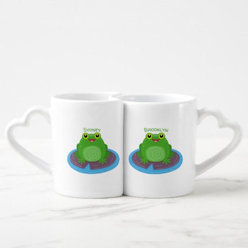 Cute happy green frog cartoon illustration coffee mug set