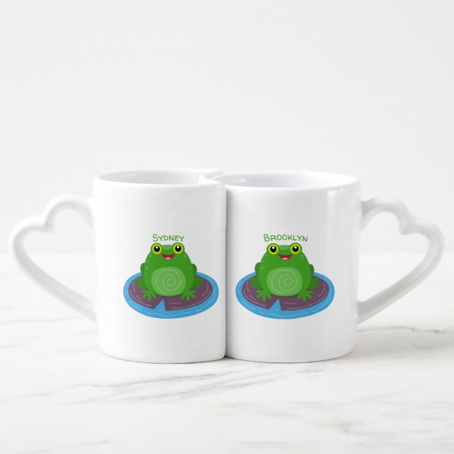 Cute happy green frog cartoon illustration coffee mug set (Back Nesting)