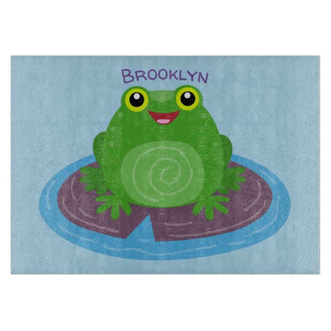 Cute happy green frog cartoon illustration cutting board (Front)