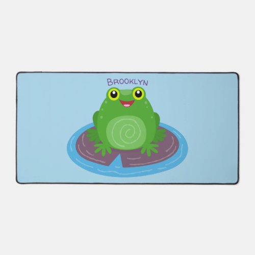 Cute happy green frog cartoon illustration desk mat