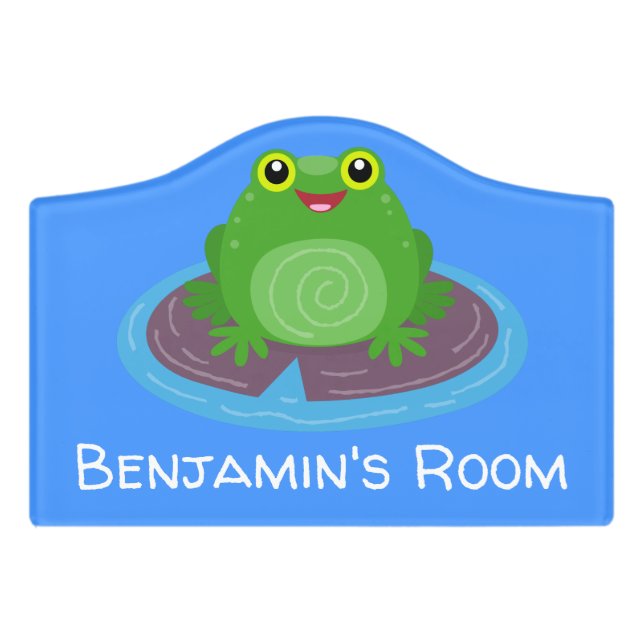 Cute happy green frog cartoon illustration door sign (Small Crest Front)