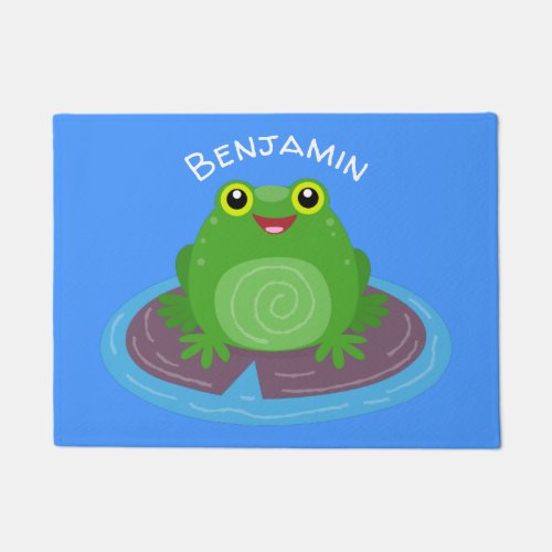 Cute happy green frog cartoon illustration doormat