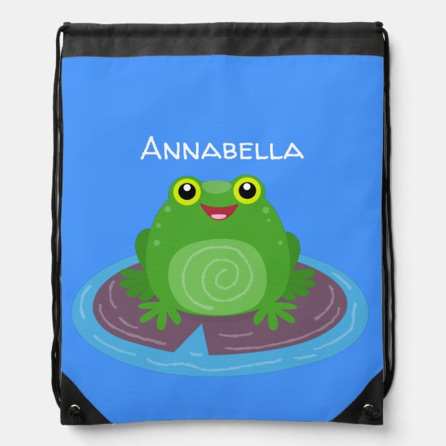 Cute happy green frog cartoon illustration drawstring bag (Front)