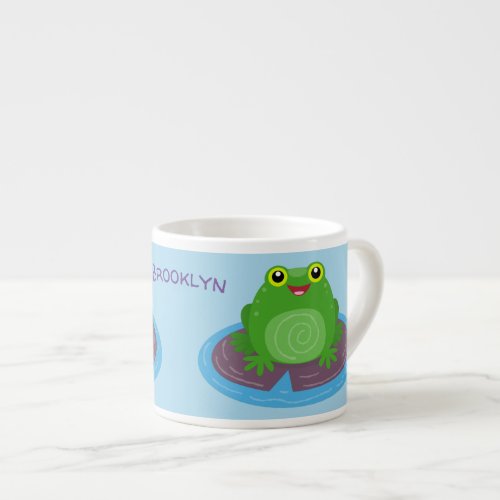 Cute happy green frog cartoon illustration espresso cup