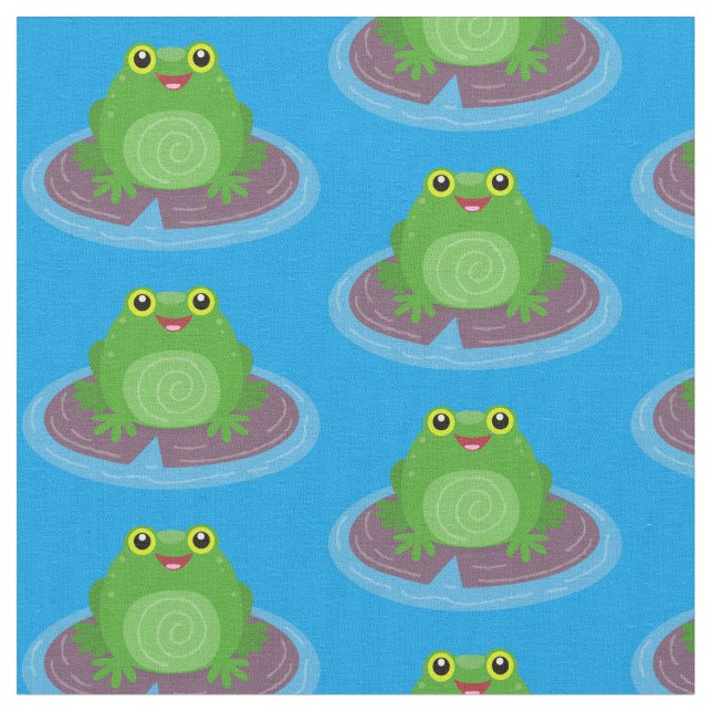 Cute happy green frog cartoon illustration fabric (Close Up)