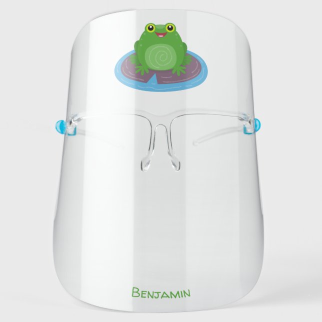 Cute happy green frog cartoon illustration face shield (Front)