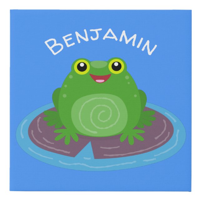 Cute happy green frog cartoon illustration faux canvas print (Front)