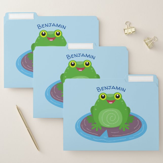 Cute happy green frog cartoon illustration file folder (Set)