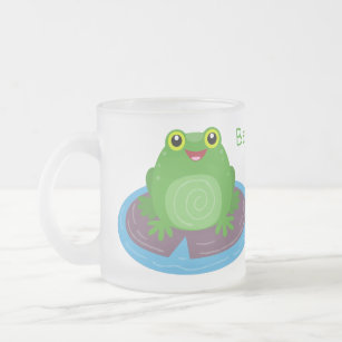 Cute happy green frog cartoon illustration frosted glass coffee mug