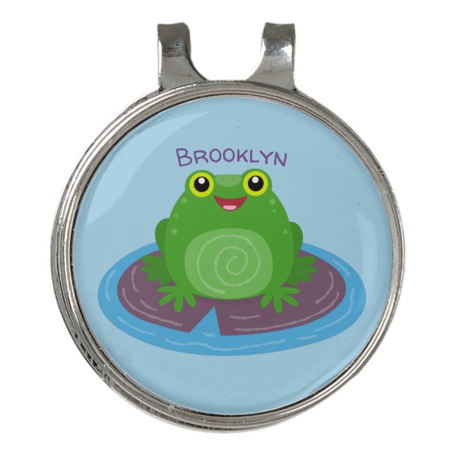 Cute happy green frog cartoon illustration golf hat clip (Front)