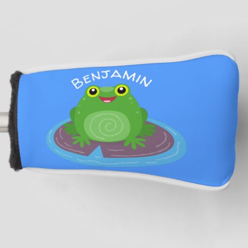 Cute happy green frog cartoon illustration golf head cover